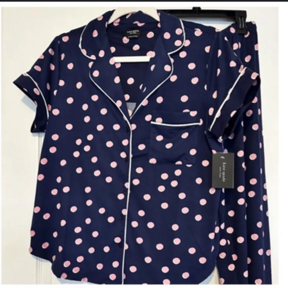 Kate Spade Navy Pajama Set with Pink Polka Dots